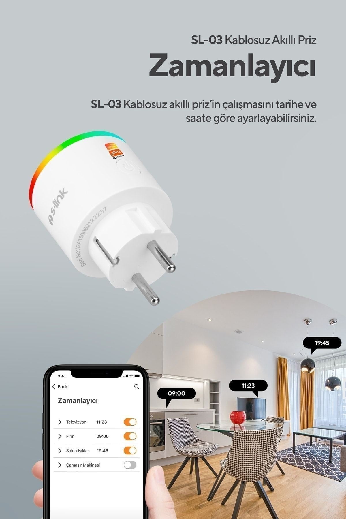 Sl-03 16a Akım Korumalı Akıllı Priz Rgb Işıklı 2.4 G Wifi Sarfiyat Ölçümleme Tuya Destekli