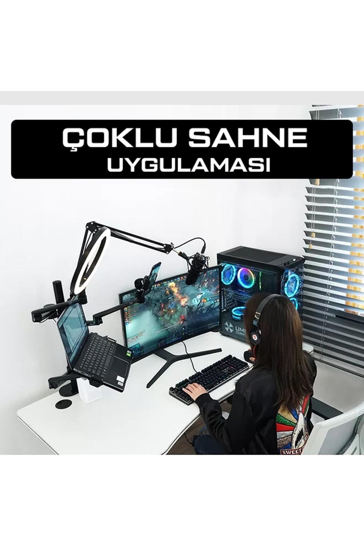 Sttf7095b Notebook Stand,ring Işık,mikrofon,tablet/telefon Tutucu 6 In 1 Canlı Yayın Twitch Seti