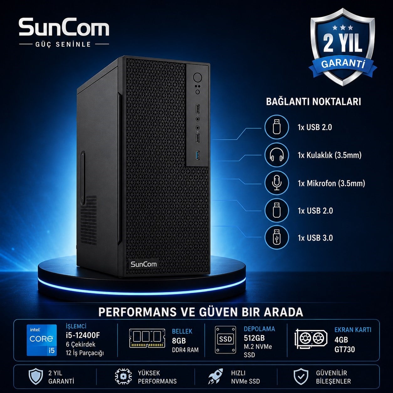 SUNCOM Business SC3-B03 i5-12400F 8GB 512GB SSD 4gb GT730 DOS Masaüstü PC Wi-Fi