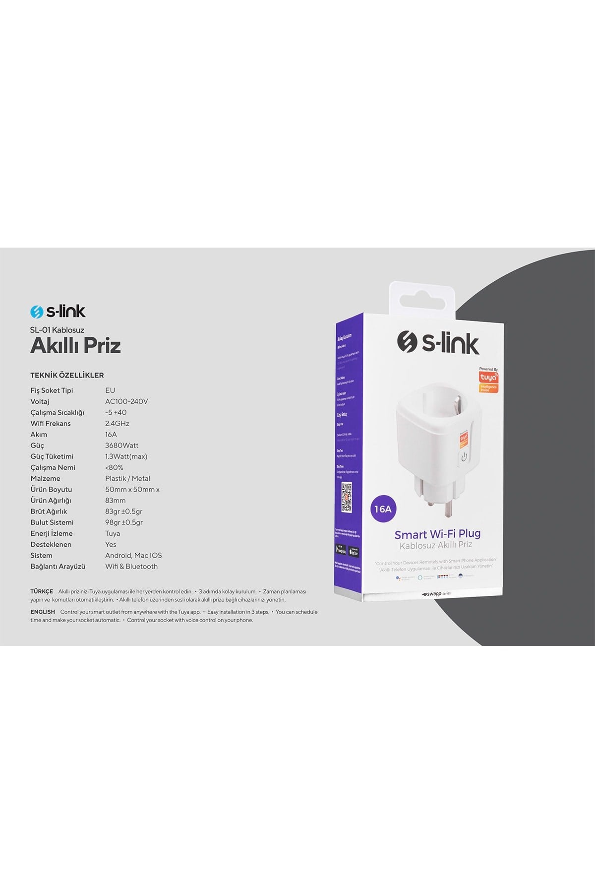 Swapp SL-01 16 Amper Akıllı Wifi TUYA Google Assistant Alexa Siri Destekli Priz Wifi TUYA