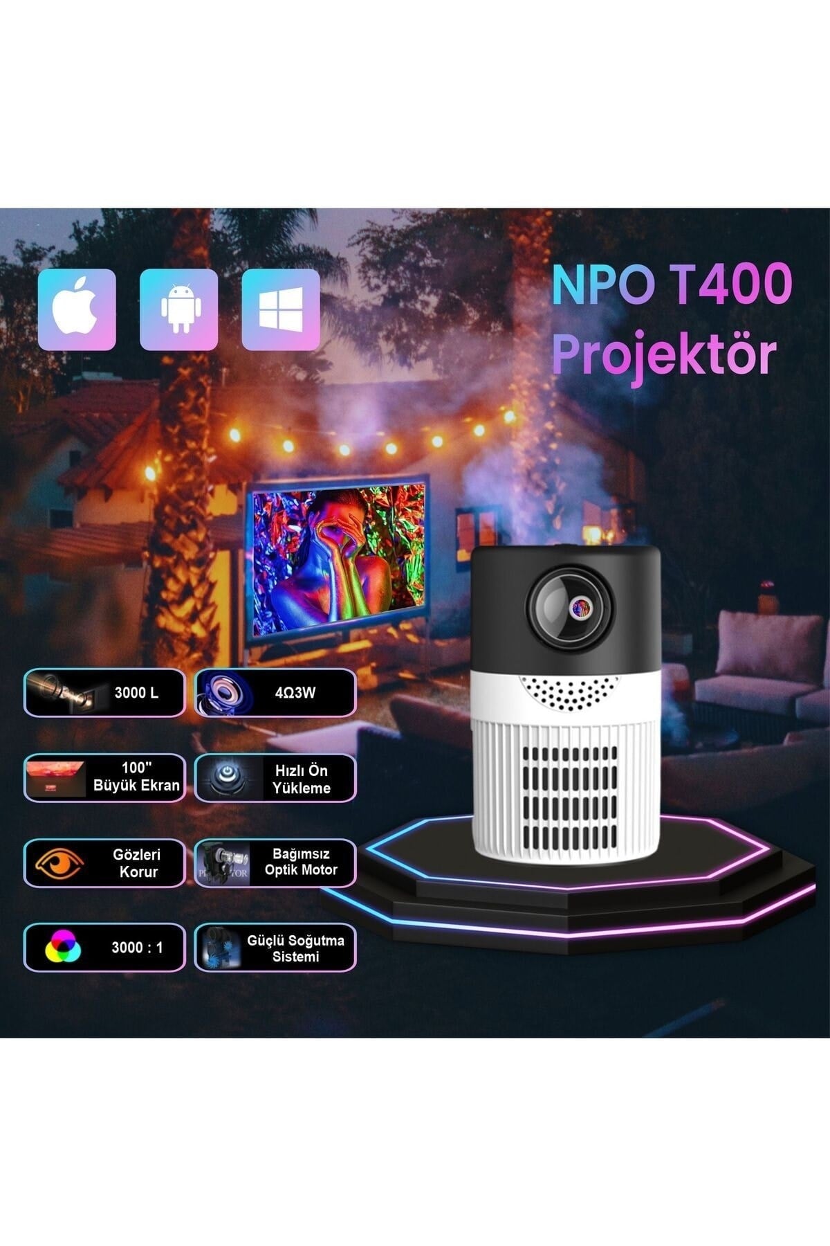 T400 3000l(40ANSI), Ios/android/windows/tvbox Uyumlu 360p Çözünürlük Mini Led Projeksiyon