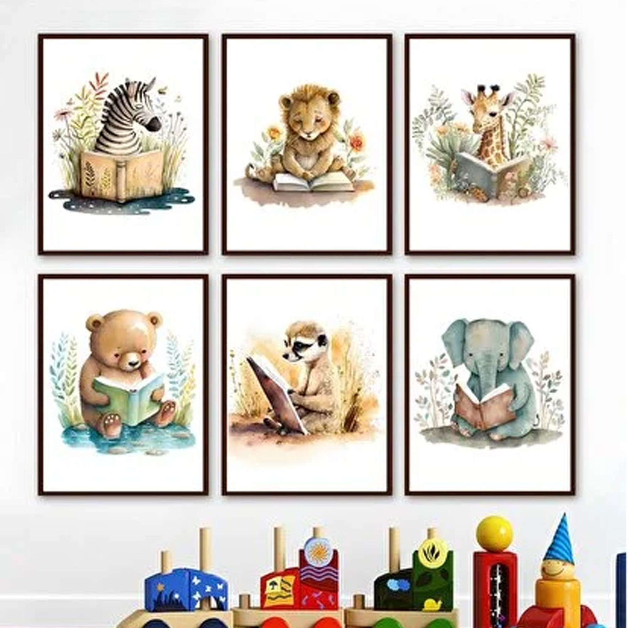 TABLOX Sevimli Kitap Okuyan Hayvanlar  6’lı Çerçeve Görünümlü Modern MDF Tablo Seti