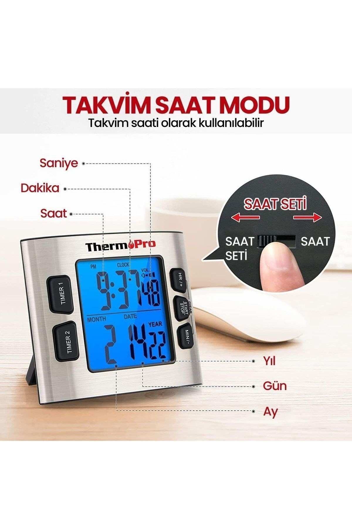Thermopro Tm02 Mutfak, Spor, Ders Için Alarmlı, Işıklı, Çift Geri Sayımlı Kronometre Ve Dijital