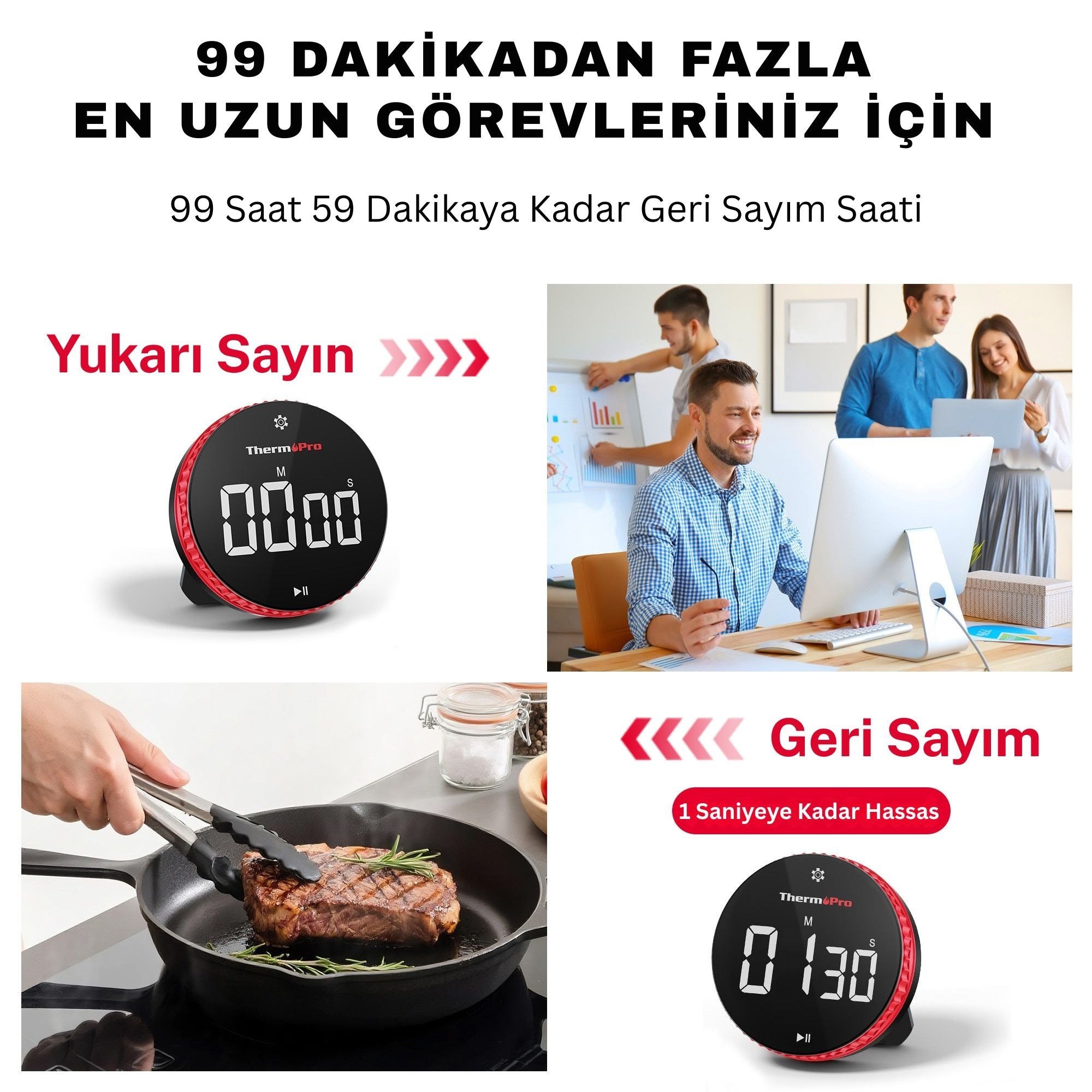 Thermopro TM04 Akıllı Dijital Mıknatıslı Ledli Alarmlı 100dk Profesyonel Kronometre Zamanlayıcı