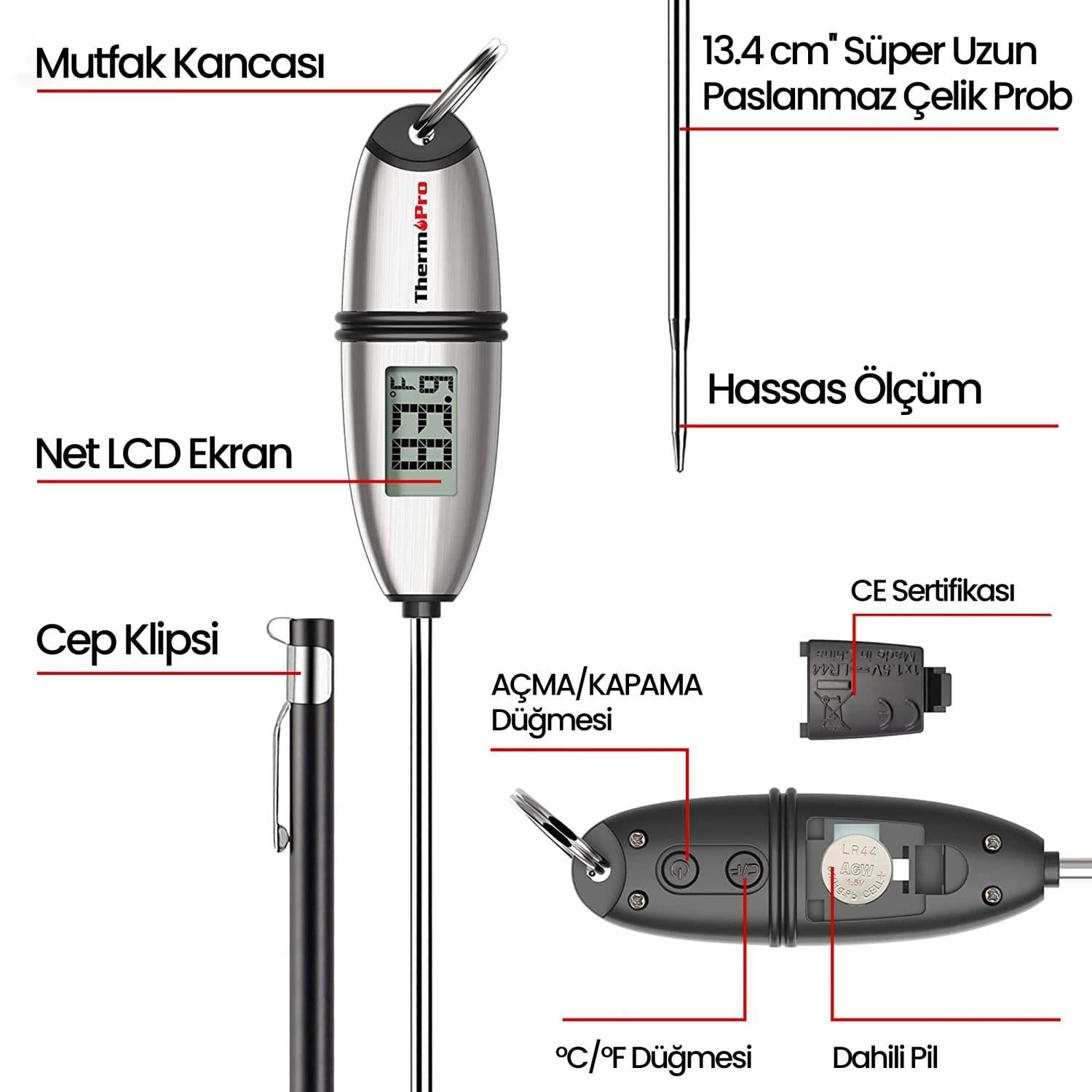 ThermoPro TP02S Işıklı Daldırma/Saplama Çelik Gövdeli Gıda Pişirme Termometresi