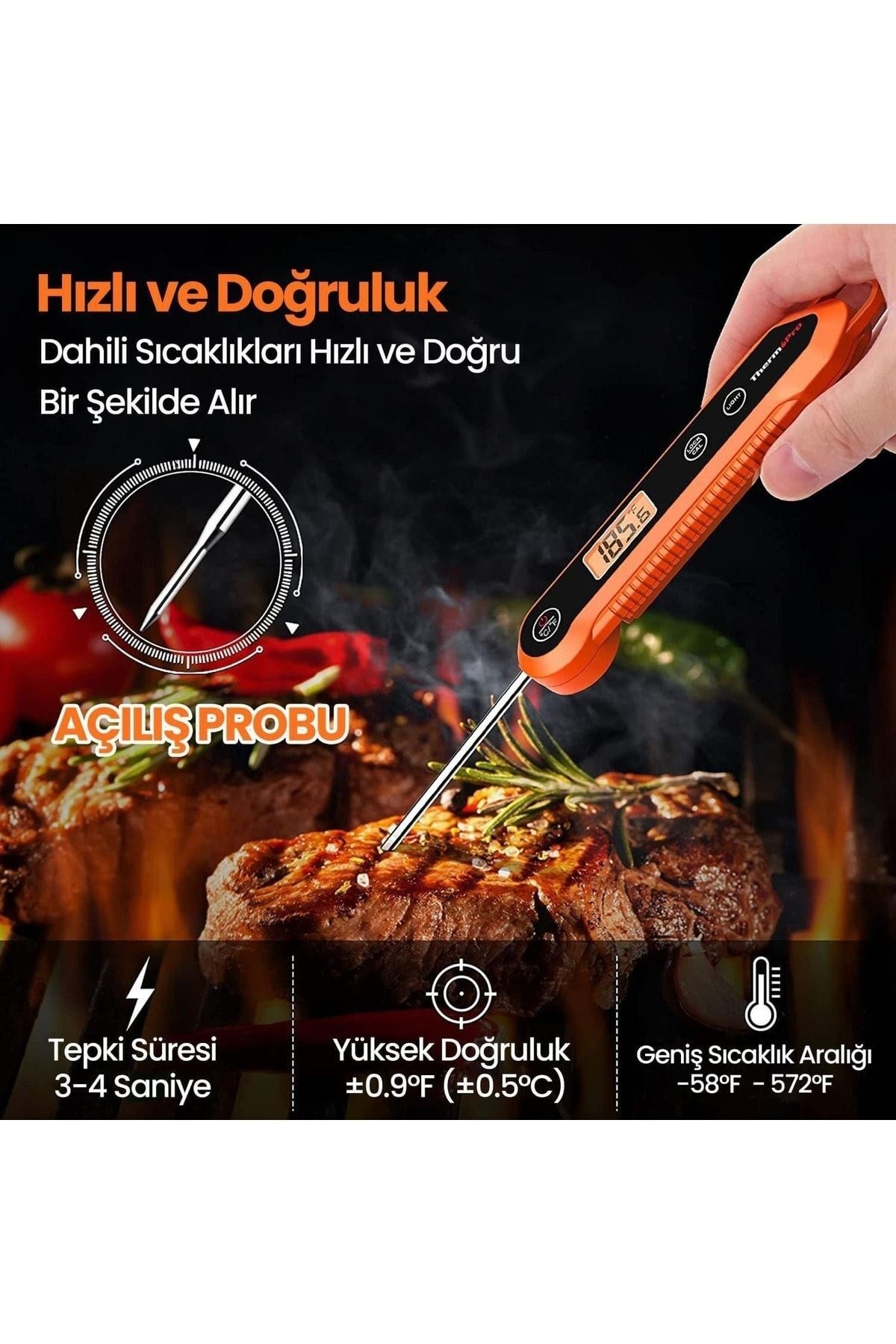 Thermopro Tp03h Su Geçirmez Katlanabilir Hızlı Sonuç Gıda Pişirme Termometresi