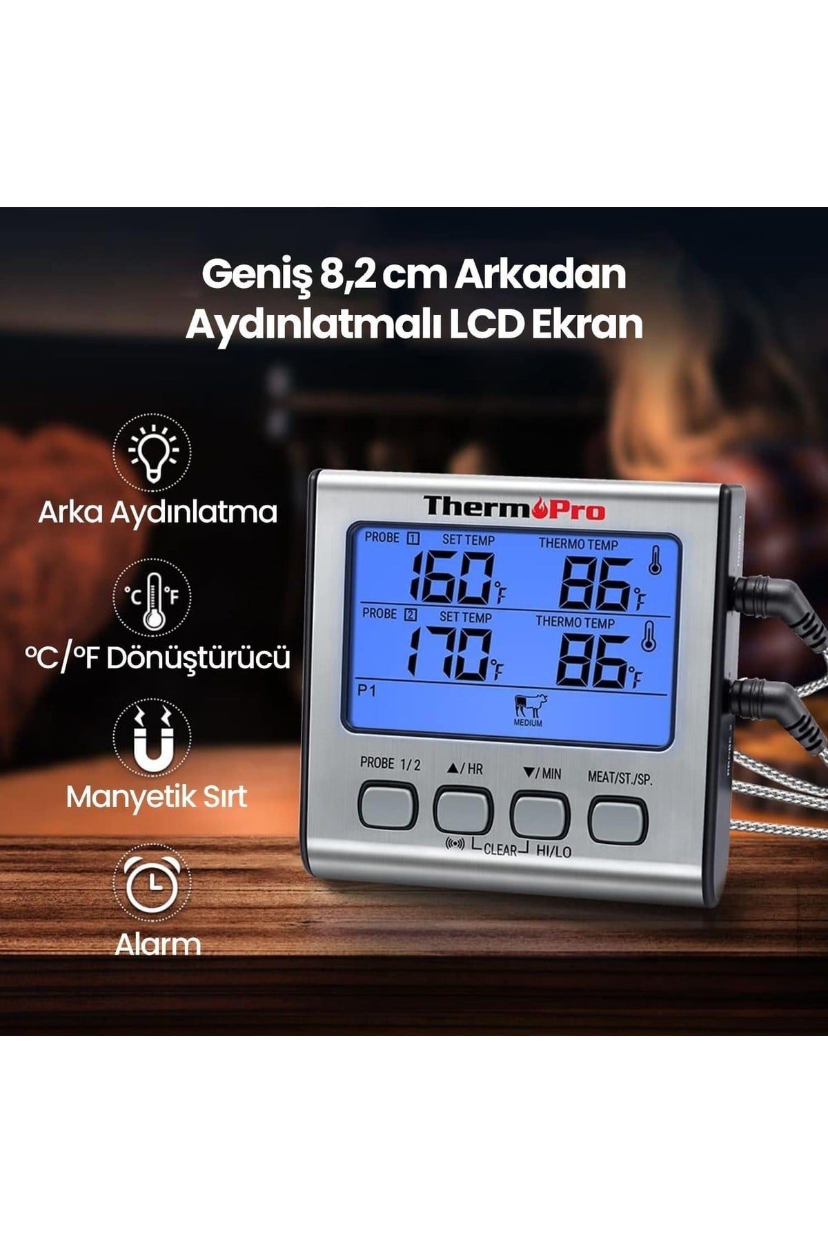Thermopro Tp17 Alarmlı, Aydınlatmalı, Çift Çelik Problu Ve Profesyonel Gıda Pişirme Termometresi