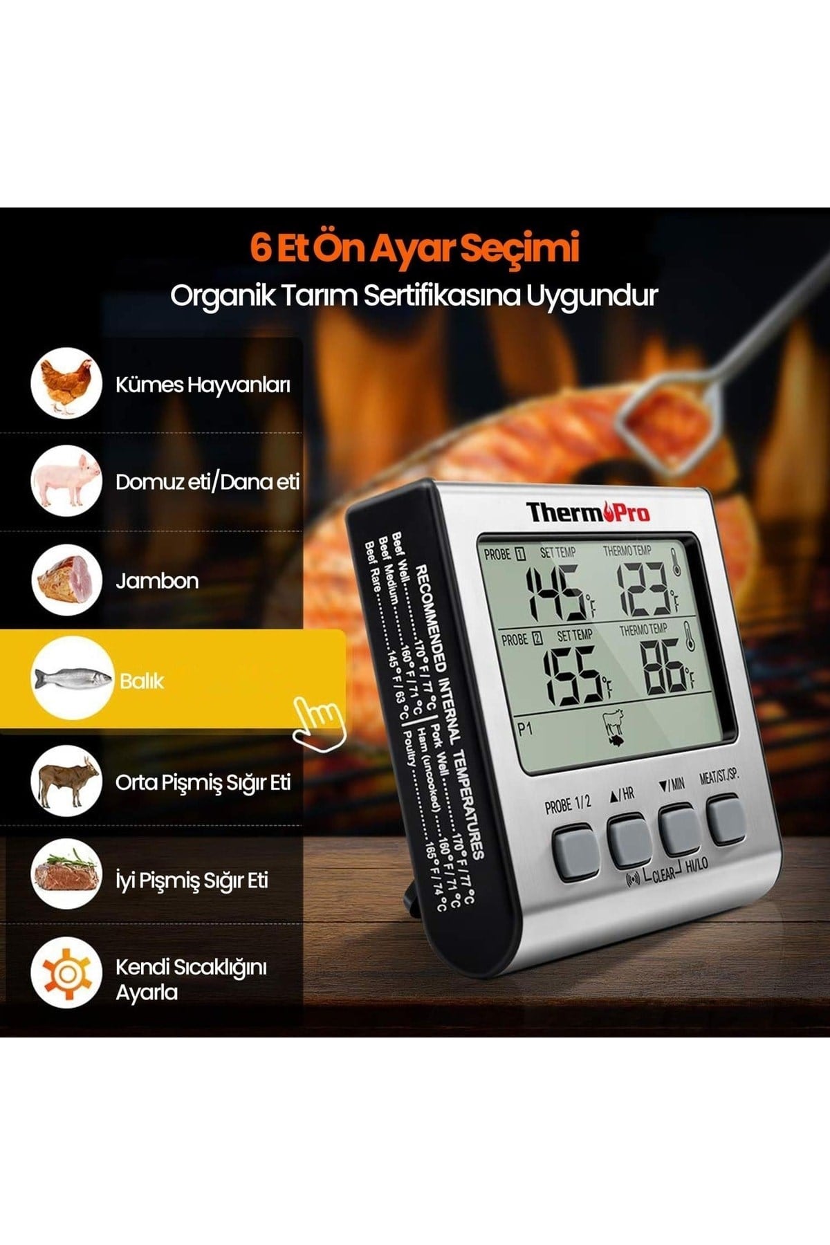 Thermopro Tp17 Alarmlı, Aydınlatmalı, Çift Çelik Problu Ve Profesyonel Gıda Pişirme Termometresi