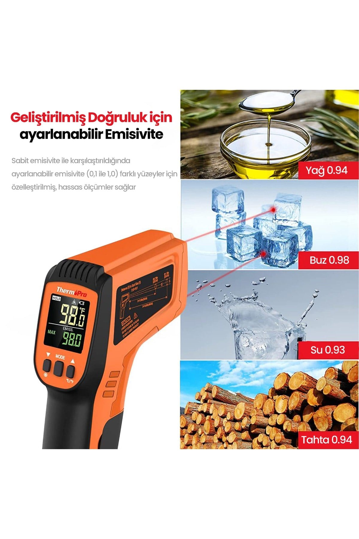 Thermopro Tp450 -50c/+550c Antişok Dual Lazer Endüstriyel Kızılötesi Temassız Termometre