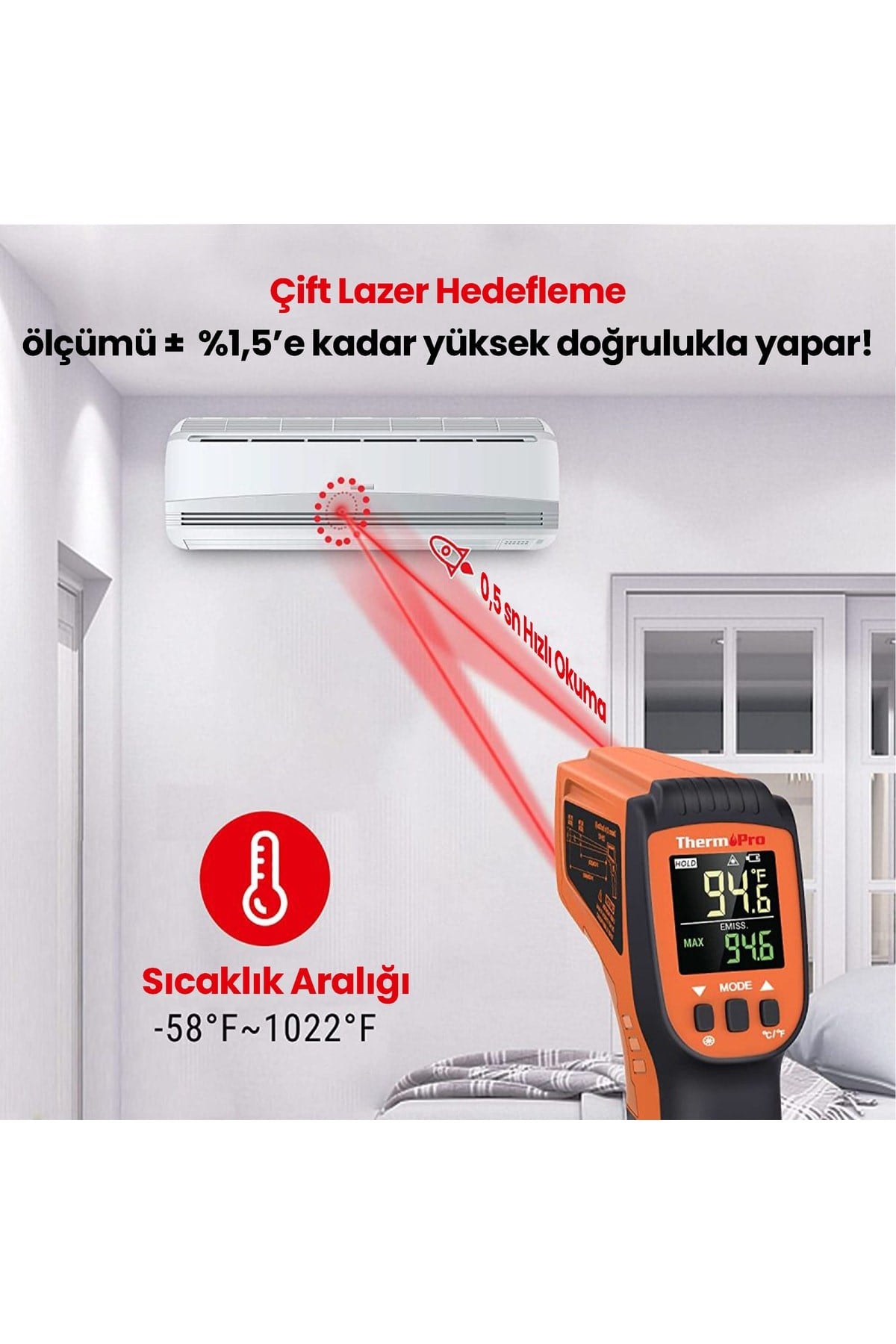 Thermopro Tp450 -50c/+550c Antişok Dual Lazer Endüstriyel Kızılötesi Temassız Termometre
