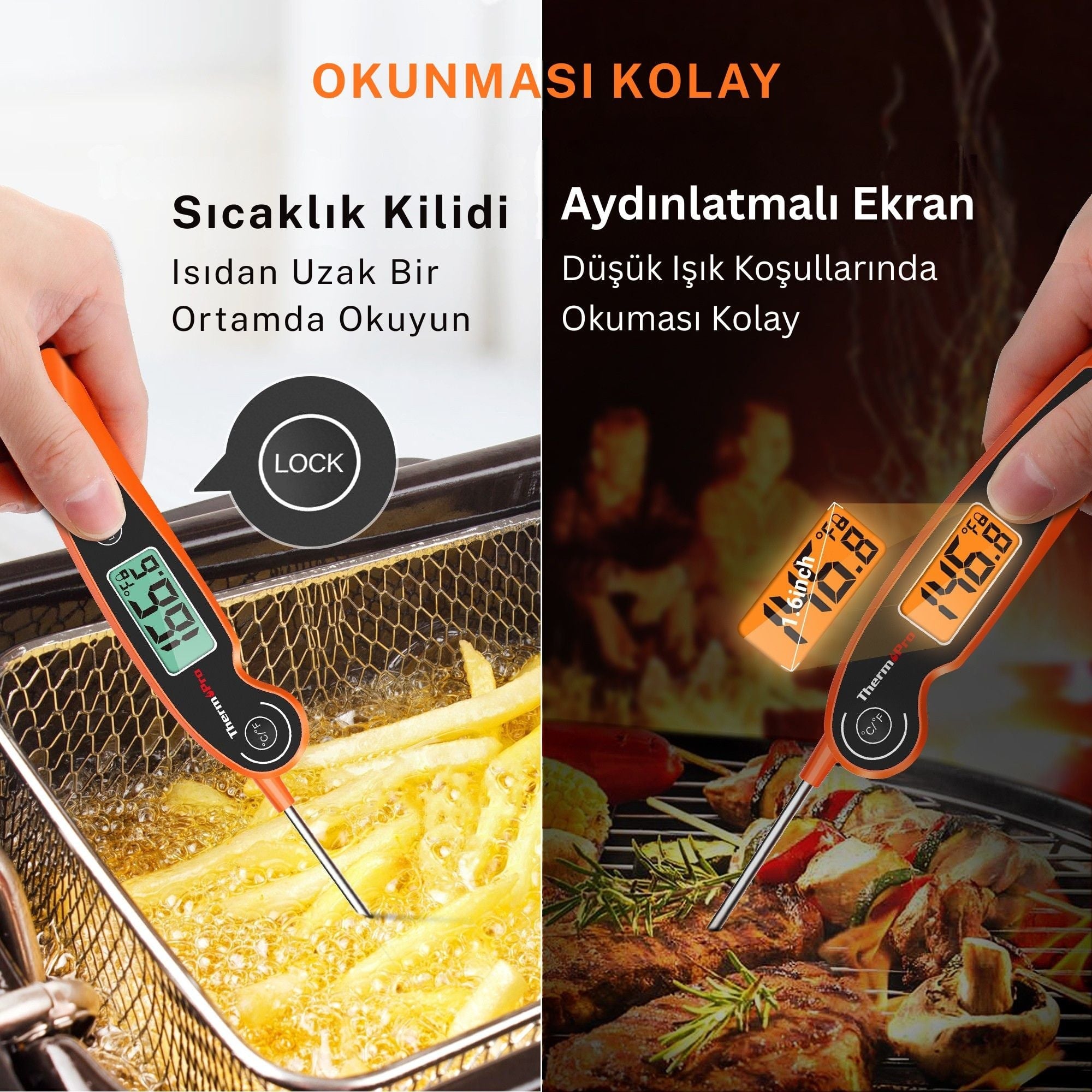 Thermopro TP605W Katlanabilir Problu Profesyonel Gıda Pişirme Termometresi-Turuncu