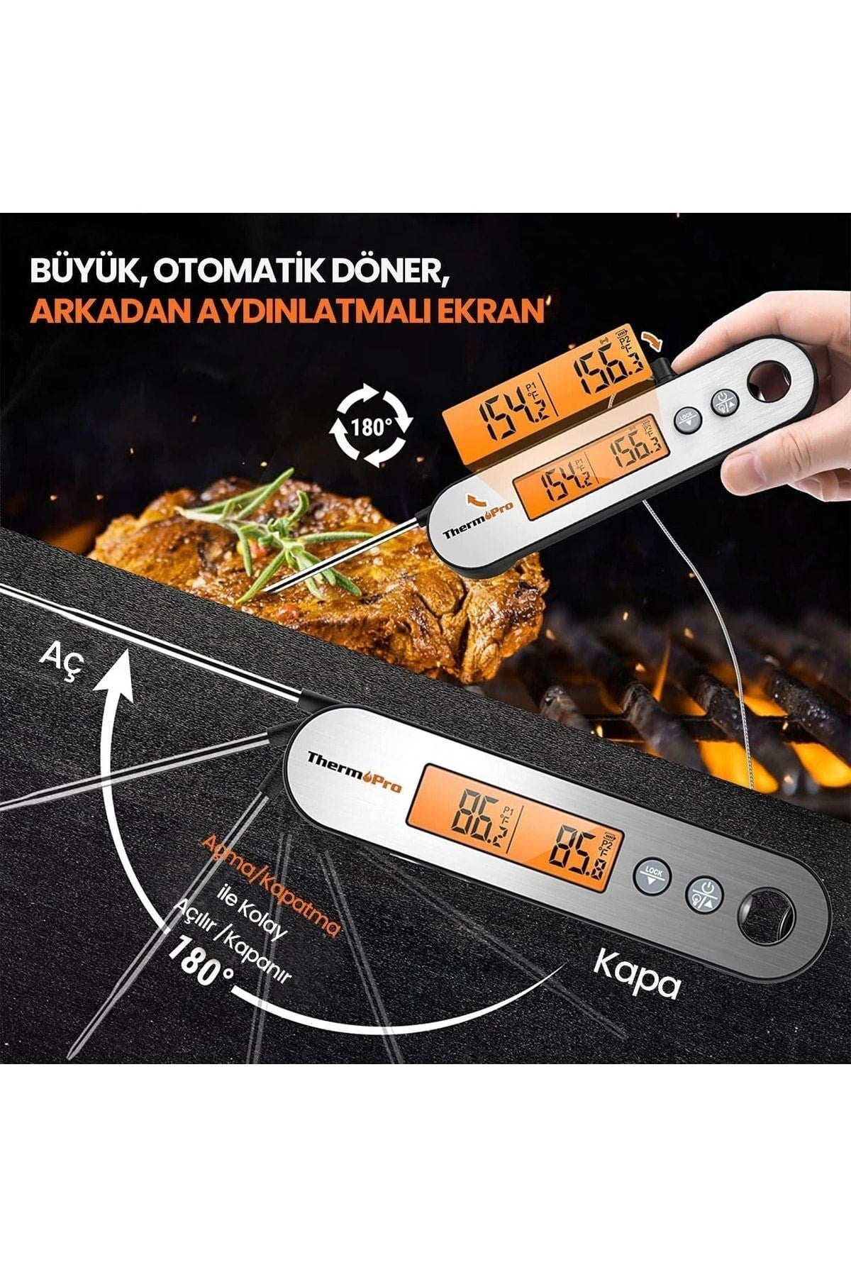 Thermopro Tp610 Su Geçirmez, Dijital Ve Işıklı Çift Problu Katlanabilir Profesyonel Gıda Termome