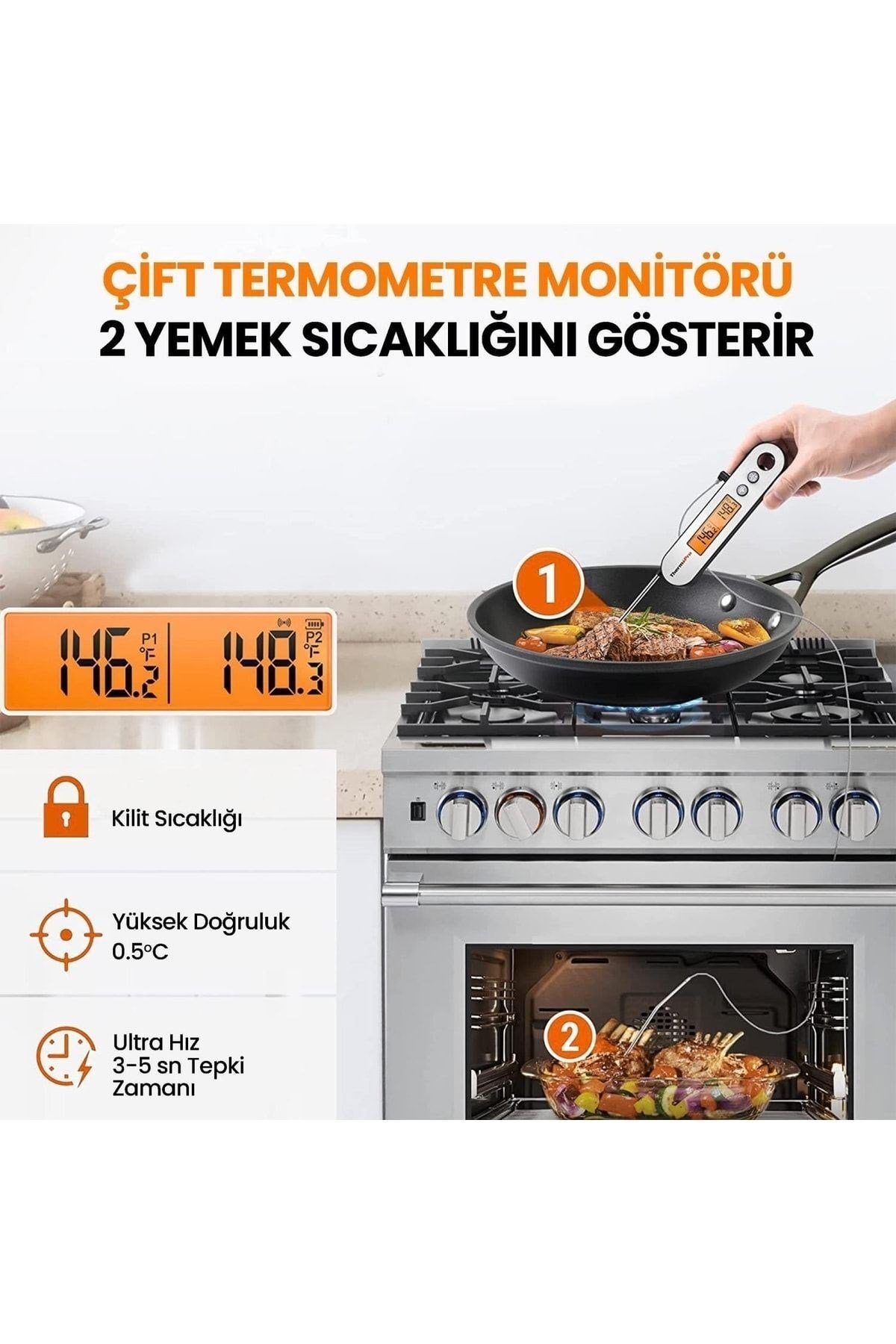 Thermopro Tp610 Su Geçirmez, Dijital Ve Işıklı Çift Problu Katlanabilir Profesyonel Gıda Termome