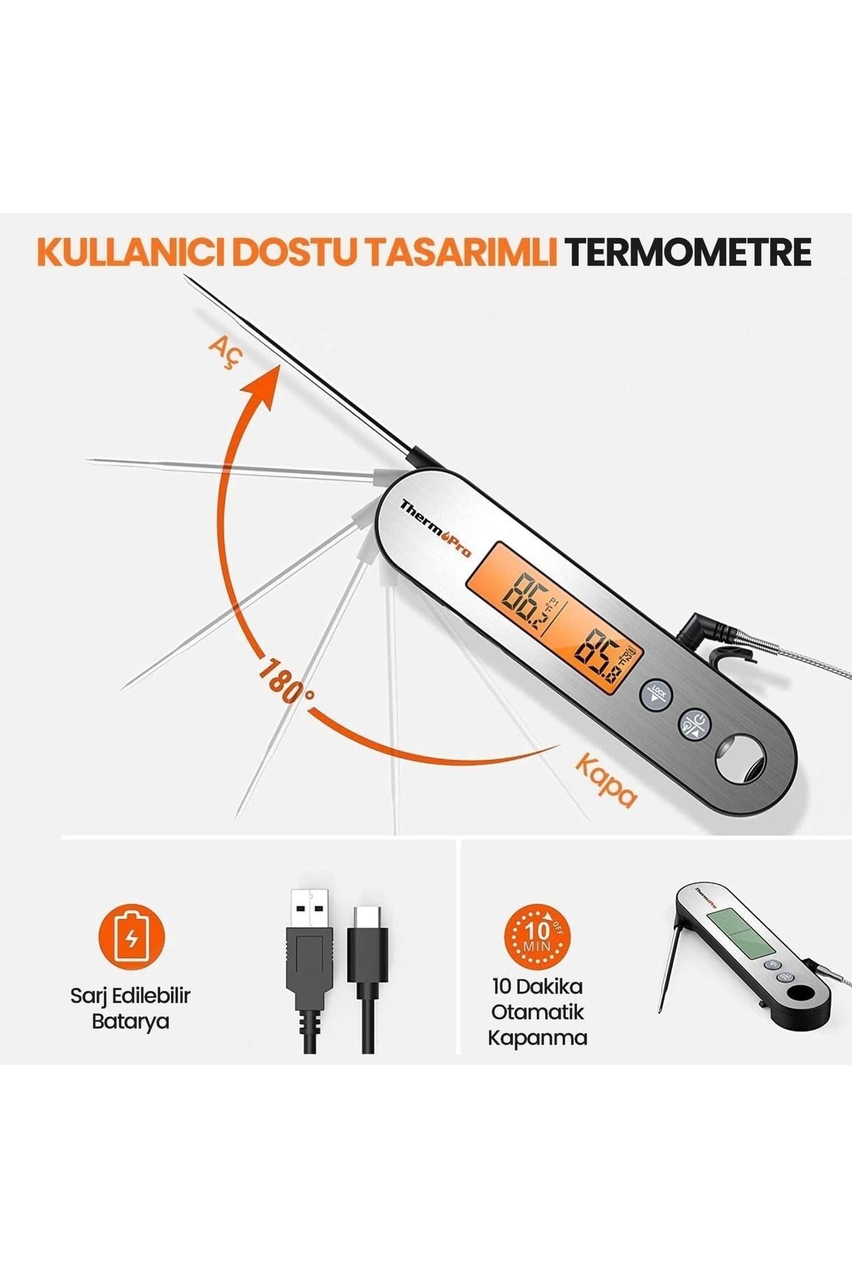 Thermopro Tp610 Su Geçirmez, Dijital Ve Işıklı Çift Problu Katlanabilir Profesyonel Gıda Termome