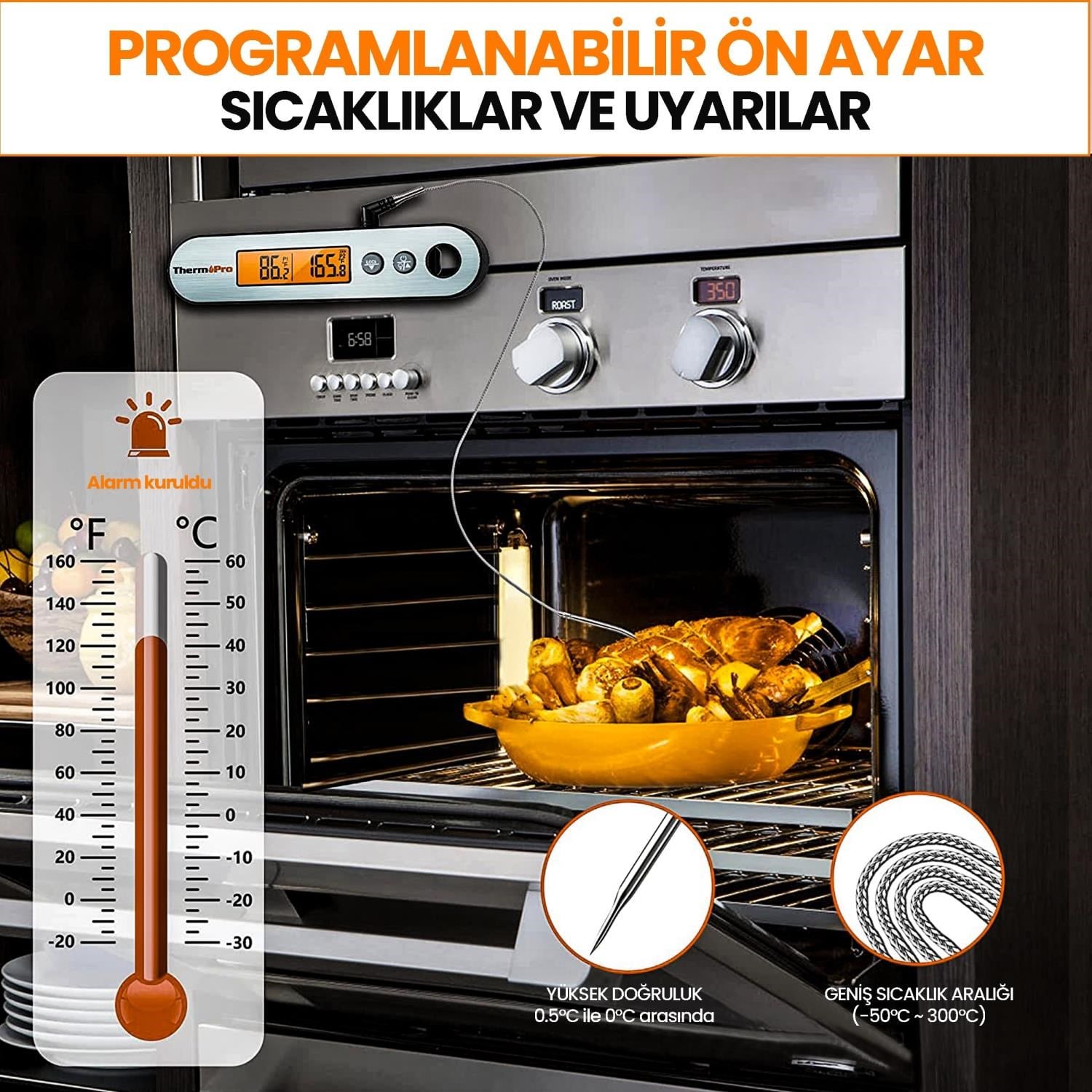 ThermoPro TP610 Su Geçirmez, Dijital ve Işıklı Çift Problu Katlanabilir Profesyonel Gıda Termometre