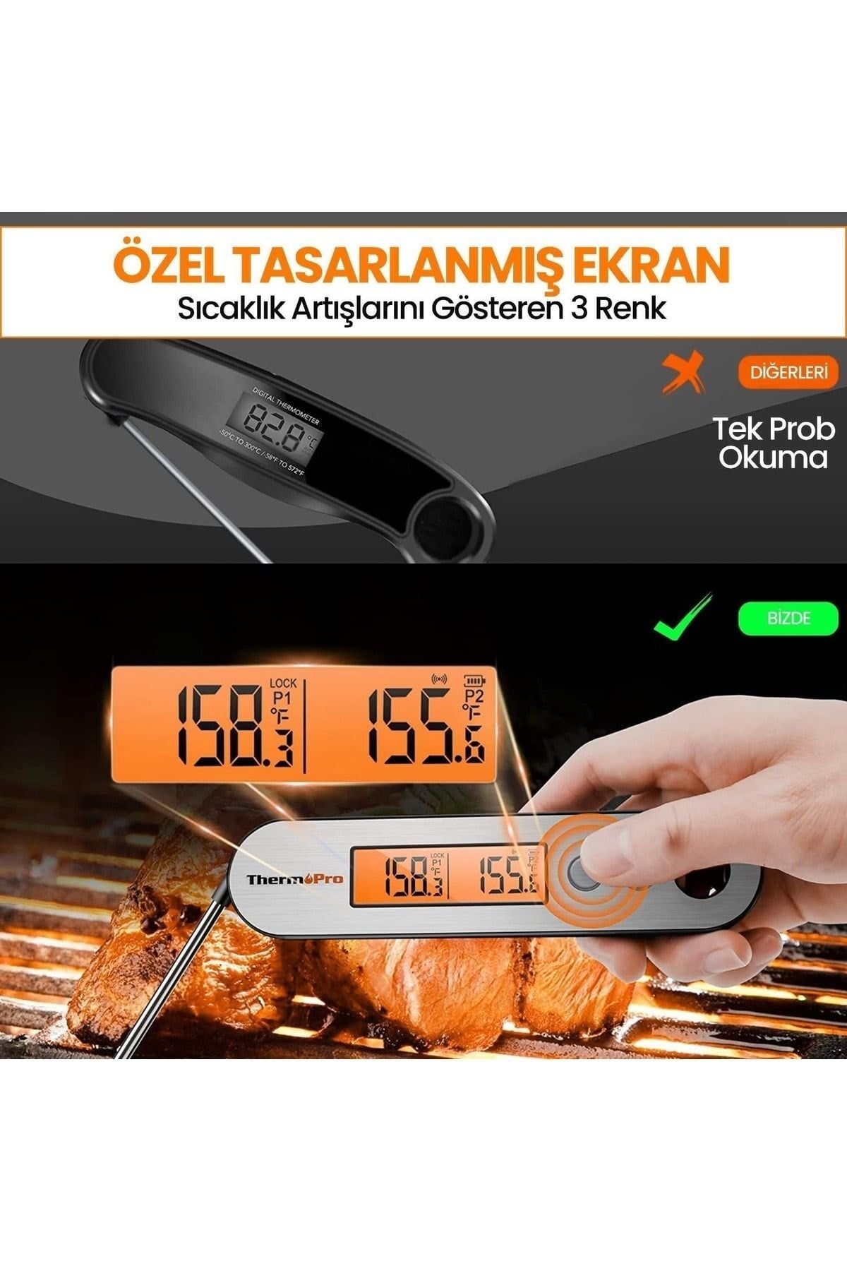 Thermopro Tp610 Su Geçirmez, Dijital Ve Işıklı Çift Problu Katlanabilir Profesyonel Gıda Termome