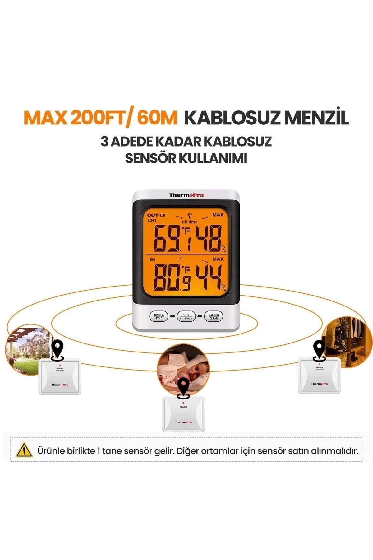 Thermopro Tp62 Iç Ve Dış Mekan (sensörlü) Dijital Sıcaklık Ve Nem Ölçer