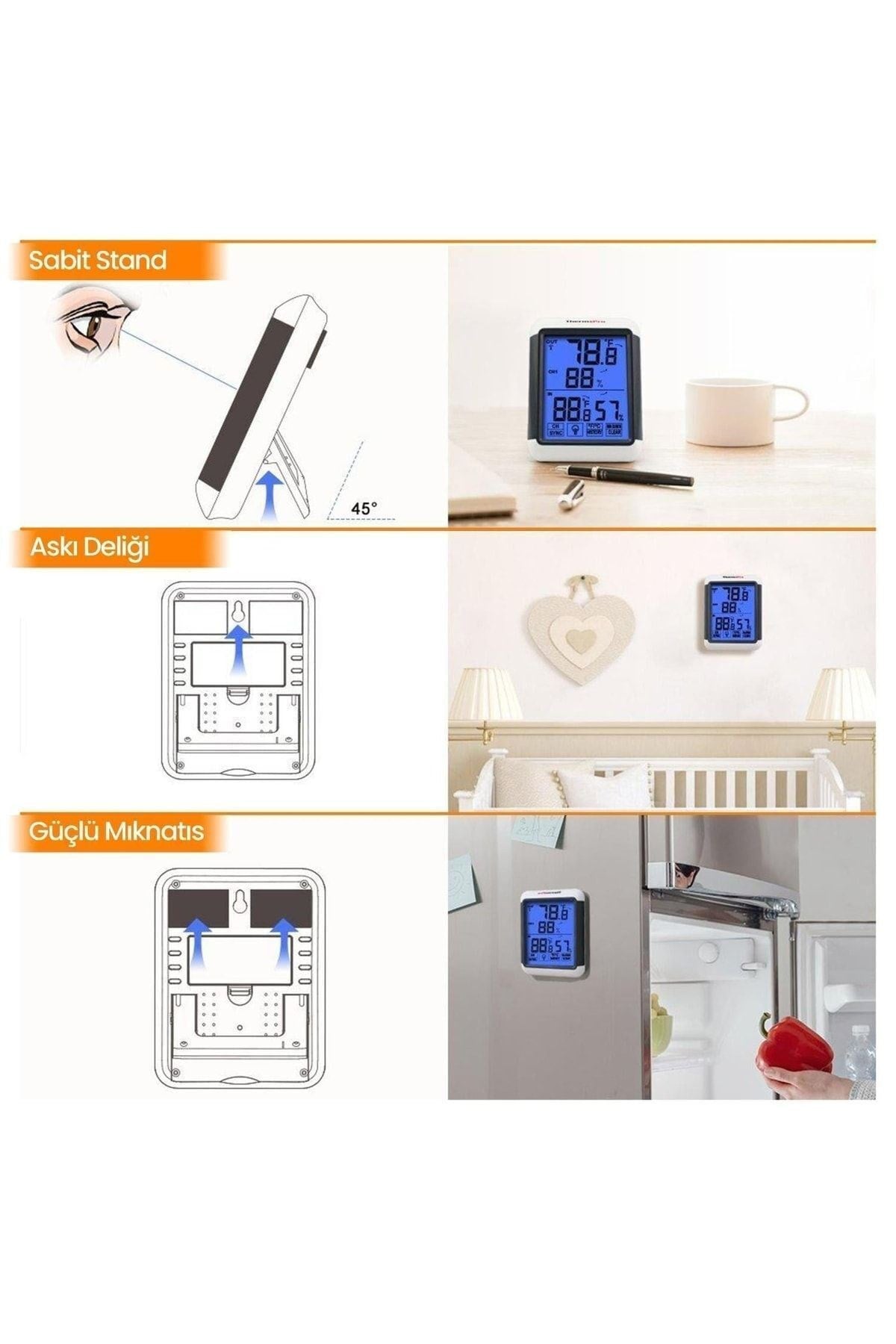 Thermopro Tp65 Dokunmatik Işıklı Geniş Ekran Iç Ve Dış Mekan (sensörlü) Dijital Sıcaklık Ve Nem