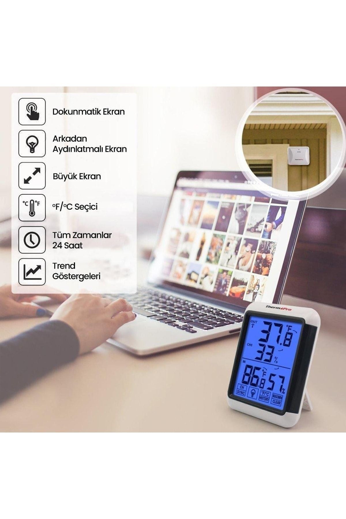 Thermopro Tp65 Dokunmatik Işıklı Geniş Ekran Iç Ve Dış Mekan (sensörlü) Dijital Sıcaklık Ve Nem