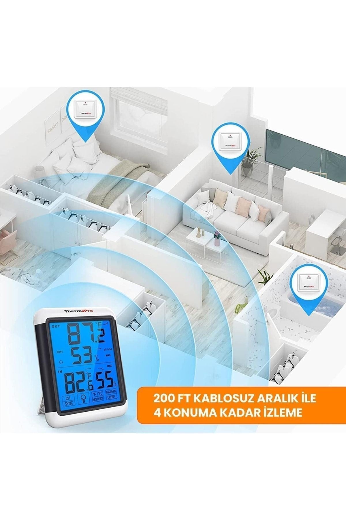 Thermopro Tp65 Dokunmatik Işıklı Geniş Ekran Iç Ve Dış Mekan (sensörlü) Dijital Sıcaklık Ve Nem