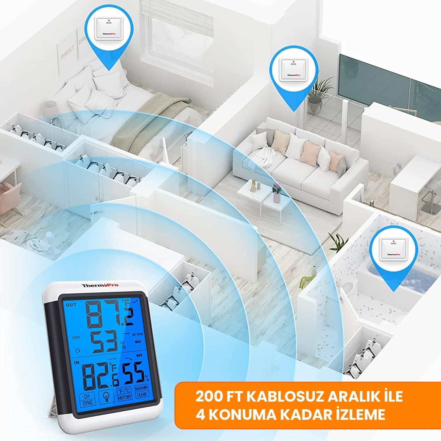 ThermoPro TP65 Dokunmatik Işıklı Geniş Ekran İç ve Dış Mekan (Sensörlü) Dijital Sıcaklık ve Nem Ölçer