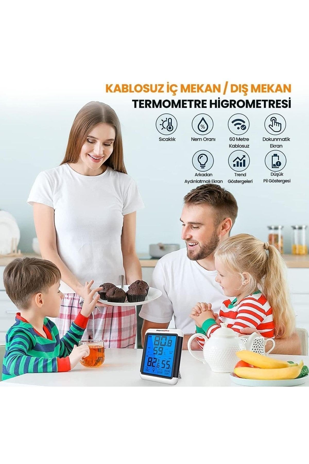 Thermopro Tp65 Dokunmatik Işıklı Geniş Ekran Iç Ve Dış Mekan (sensörlü) Dijital Sıcaklık Ve Nem