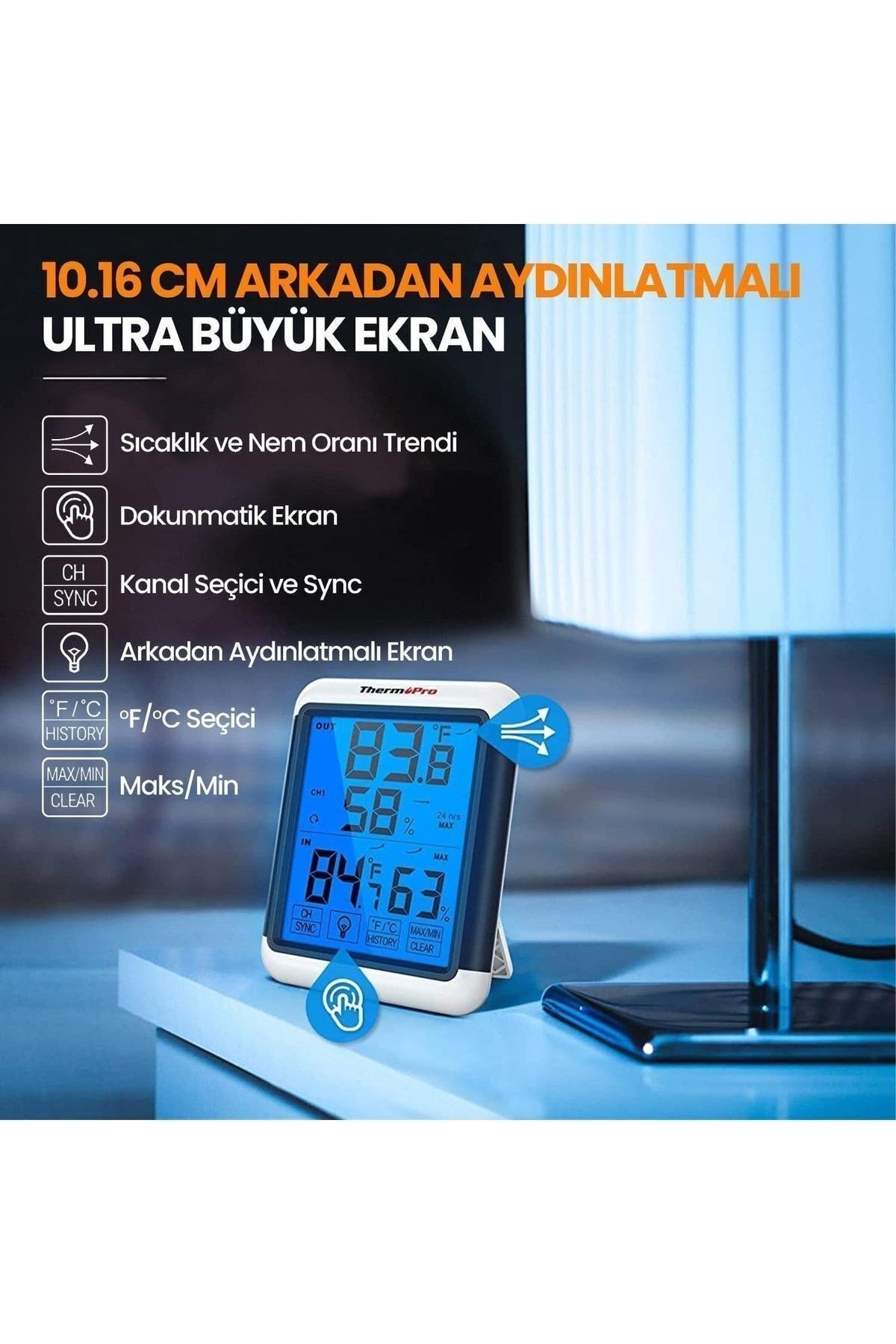 Thermopro Tp65 Dokunmatik Işıklı Geniş Ekran Iç Ve Dış Mekan (sensörlü) Dijital Sıcaklık Ve Nem