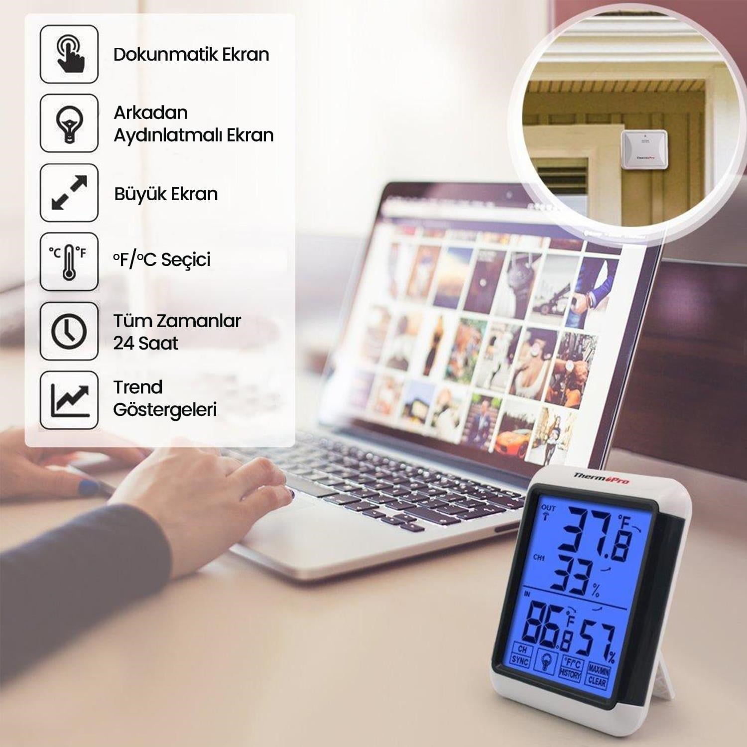 ThermoPro TP65 Dokunmatik Işıklı Geniş Ekran İç ve Dış Mekan (Sensörlü) Dijital Sıcaklık ve Nem Ölçer