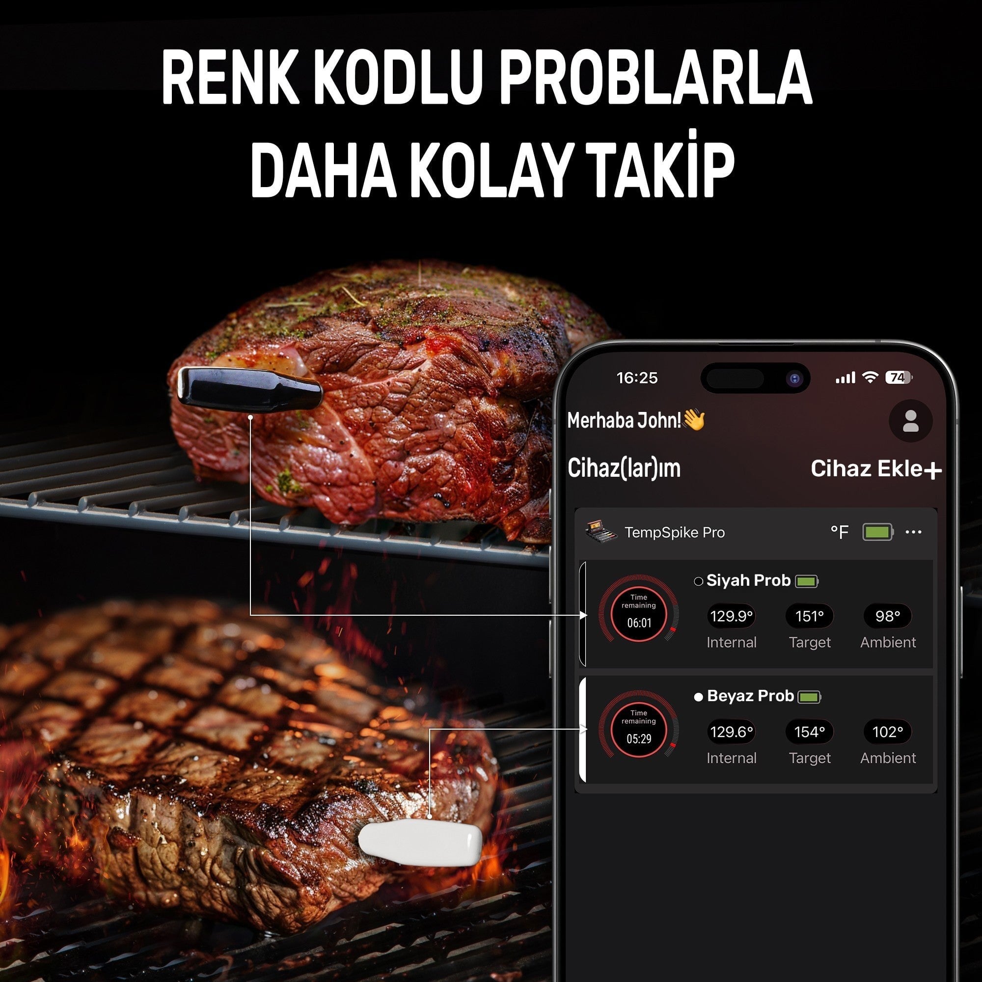 Thermopro TP980-2 Şarjlı 320m Kablosuz Alarmlı 2Problu APP, Monitörlü Profesyonel Gıda Termometresi