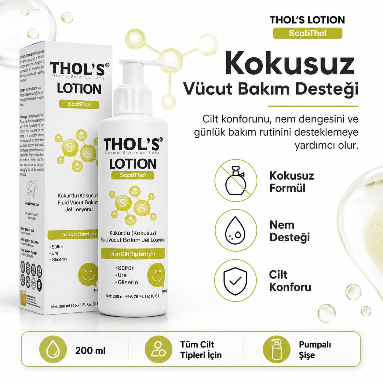 THOL’S LOTION ScabThol Kükürtlü Kokusuz Fluid Vücut Bakım Jel Losyonu - 200 ml