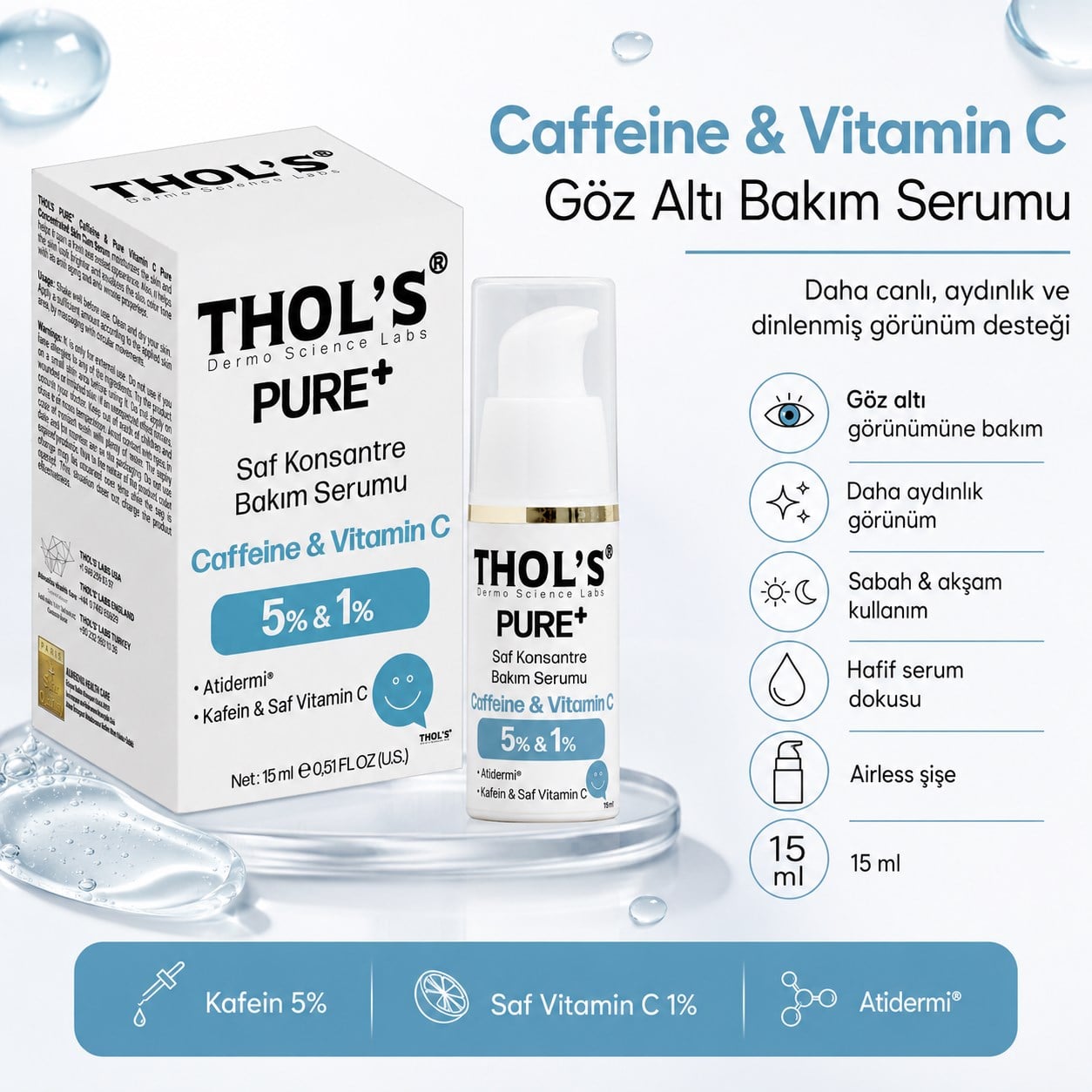 THOL’S PURE+ Caffeine & Vitamin C 5% & 1% Saf Konsantre Bakım Serumu - 15 ml