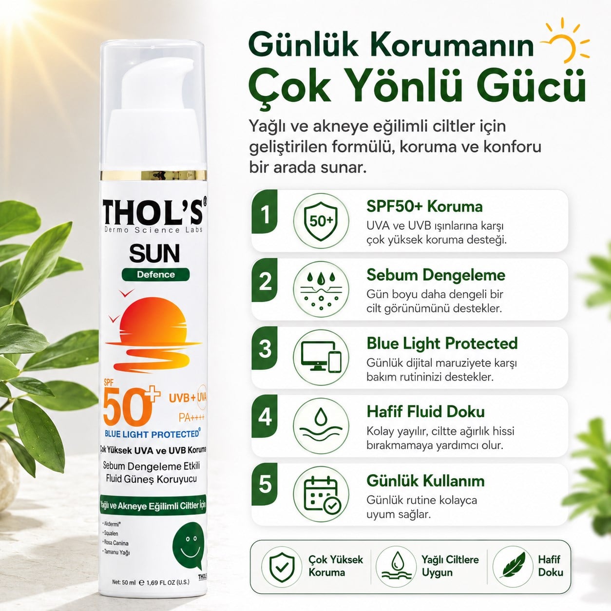 THOL’S Sun Defence Sebum Dengeleme Etkili Fluid Güneş Koruyucu SPF50+ 50 ml
