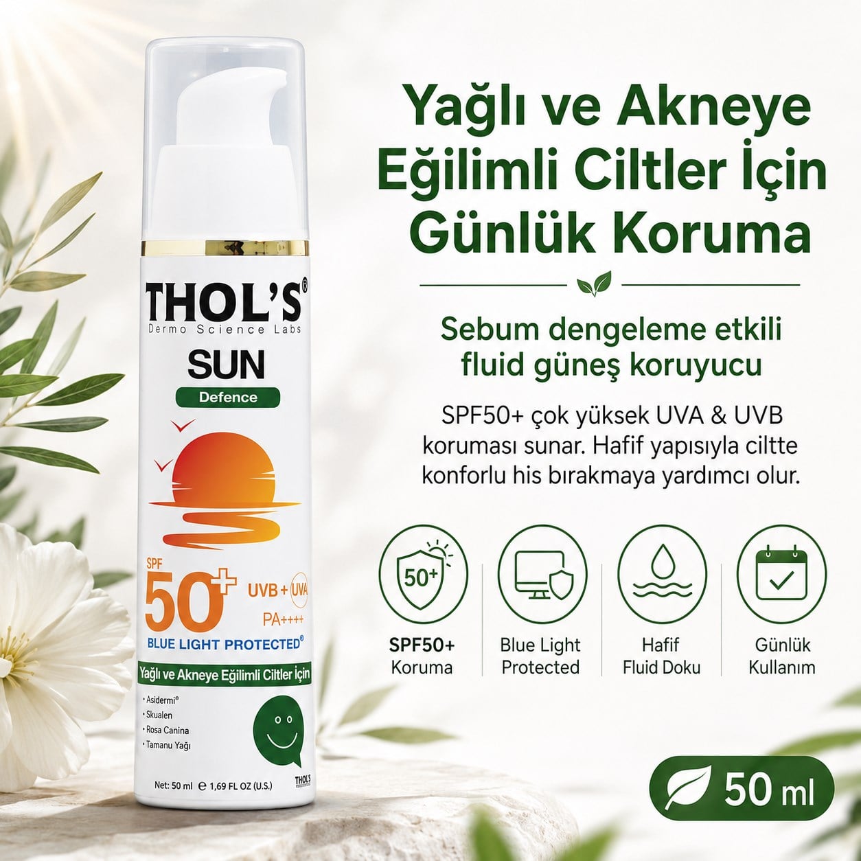 THOL’S Sun Defence Sebum Dengeleme Etkili Fluid Güneş Koruyucu SPF50+ 50 ml