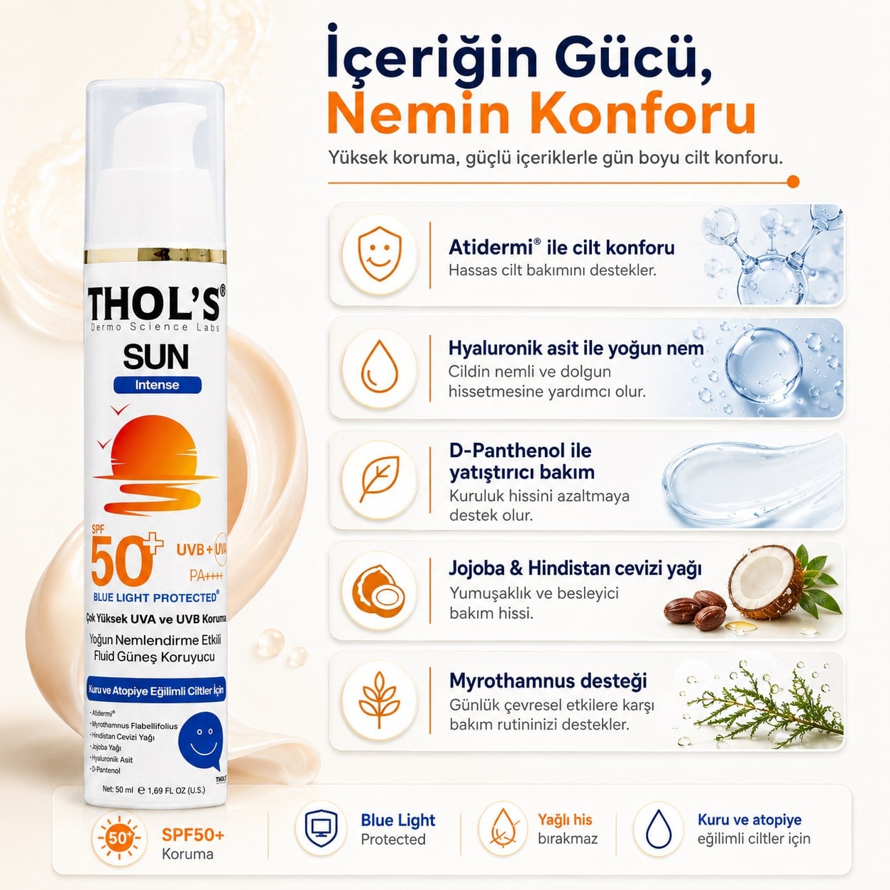 THOL’S Sun Intense Yoğun Nemlendirme Etkili Fluid Güneş Koruyucu SPF50+ 50 ml