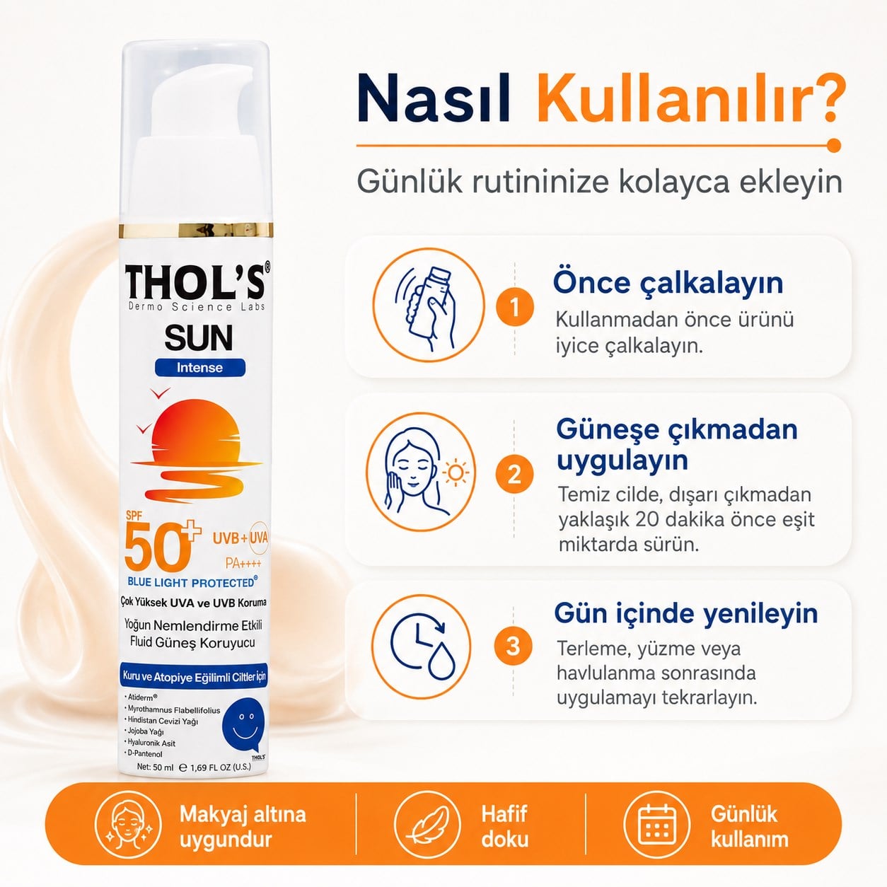 THOL’S Sun Intense Yoğun Nemlendirme Etkili Fluid Güneş Koruyucu SPF50+ 50 ml