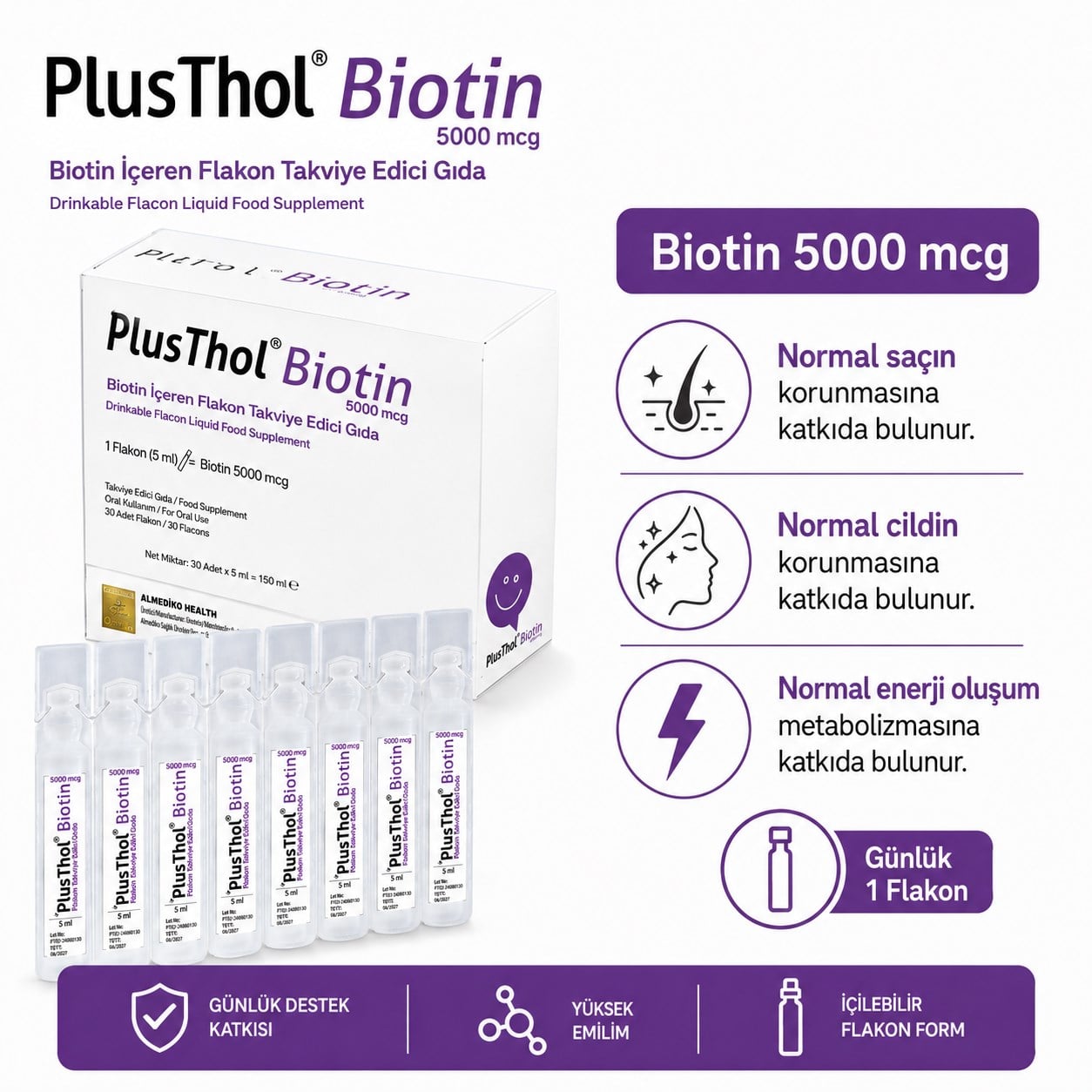 Thols PT2 Plusthol 5000 mcg Biotin Shot - Dökülme Karşıtı ve Hızlı Saç Uzatan Sıvı Takviye 30'lu