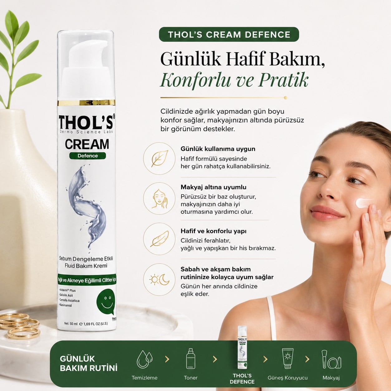 Thols TB22 Yağlı ve Akneye Eğilimli Ciltler İçin Sebum Dengeleyici Su Bazlı Nemlendirici Bakım Kremi 50 ml