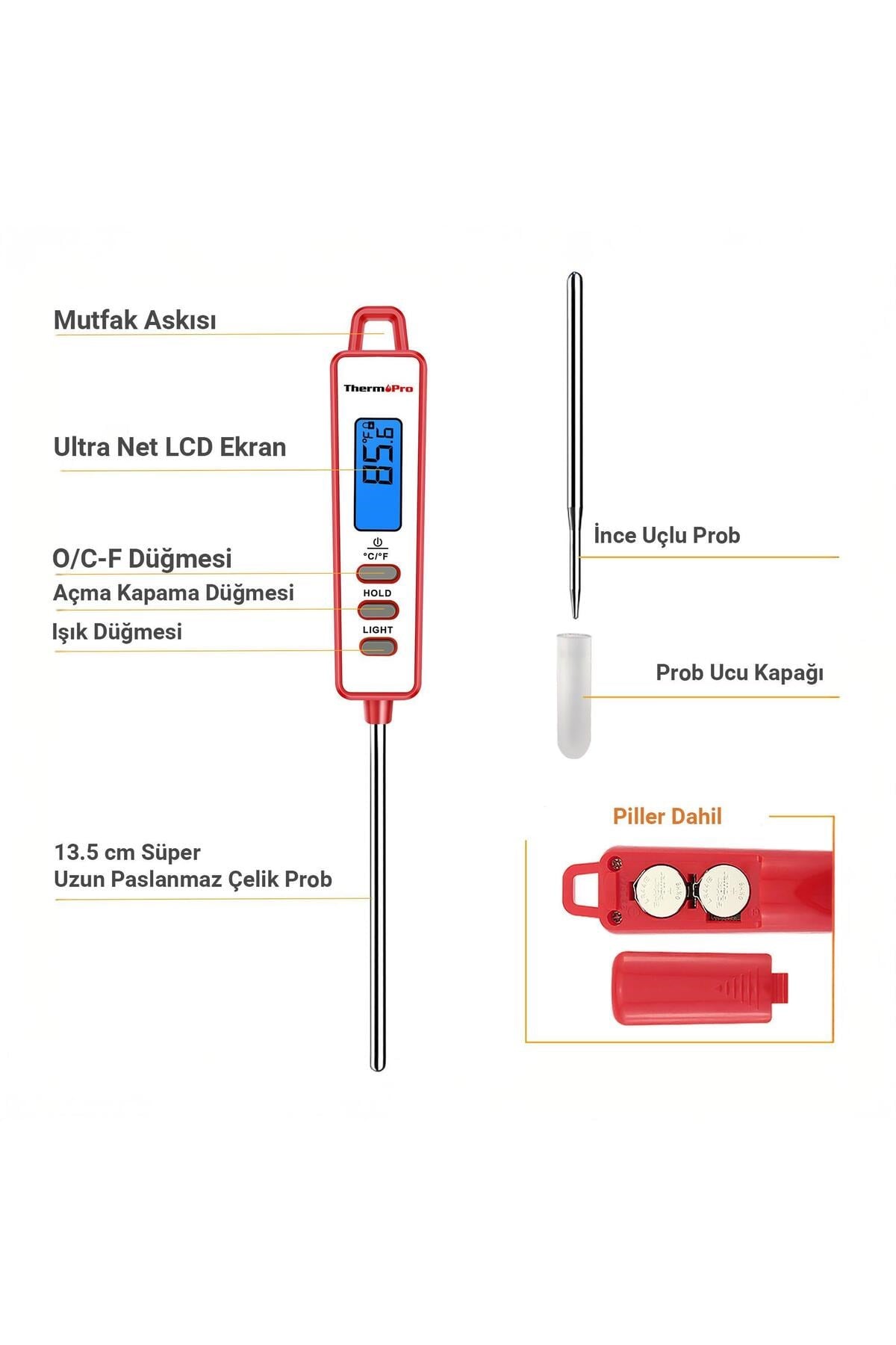 TP-01S LED Ekran Daldırma/Saplama Gıda Pişirme Termometresi-Beyaz
