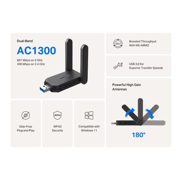 TP-LINK MERCUSYS MA32H 400+867 Mbps USB 2 Anten Kablosuz Adaptör