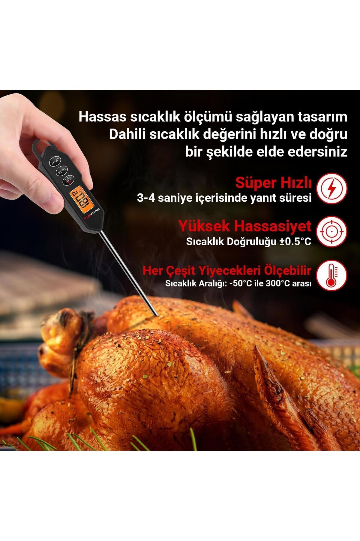 TP01HW LED Ekran Daldırma/Saplama Gıda Pişirme Termometresi-Siyah