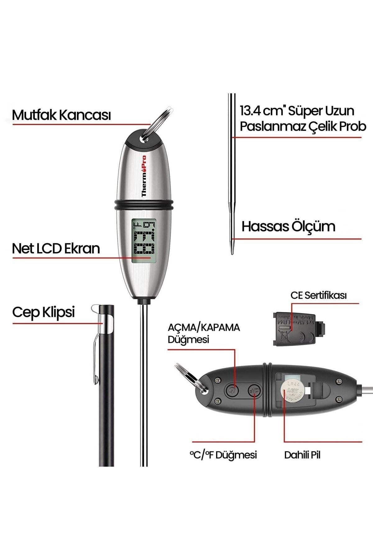 Tp02s Lcd Ekranlı Daldırma/saplama Çelik Gövdeli Gıda Pişirme Termometresi
