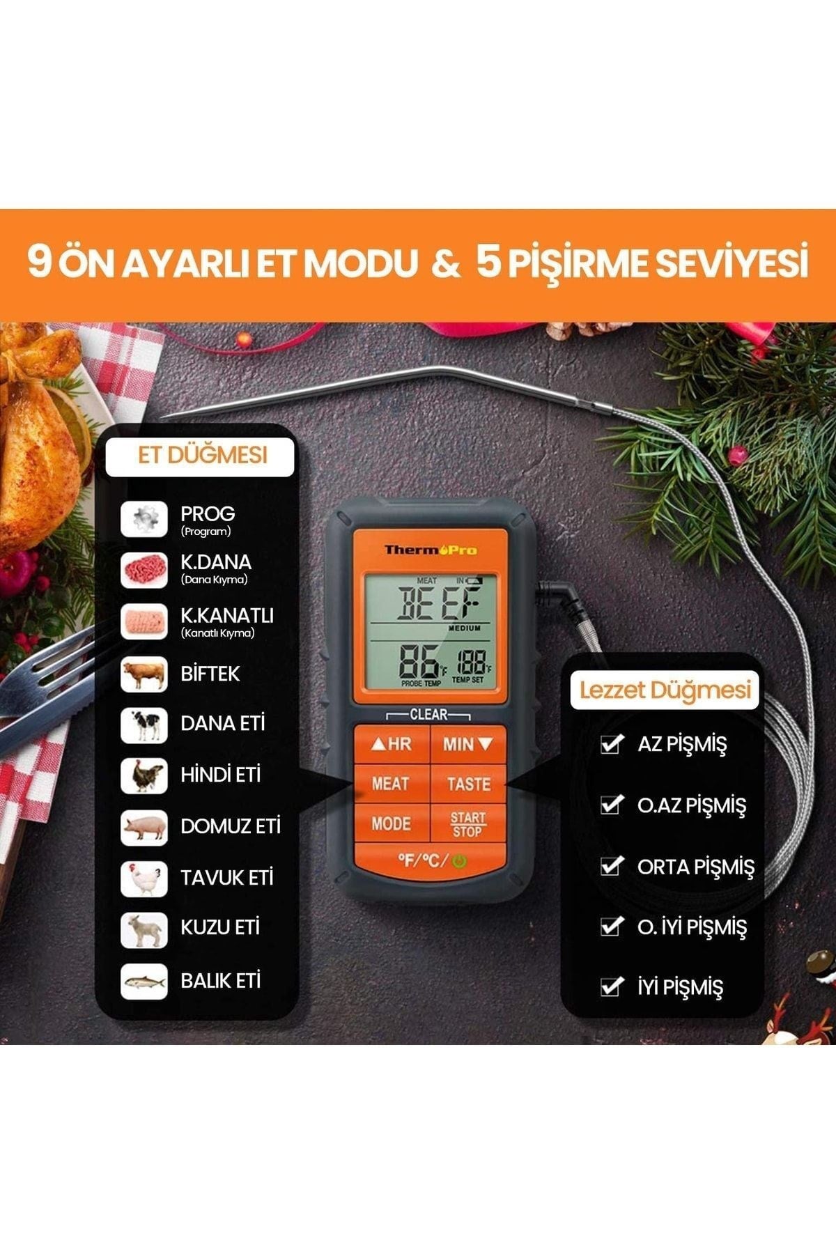 Tp06b Çelik Proplu Dijital Profesyonel Gıda Pişirme Termometresi