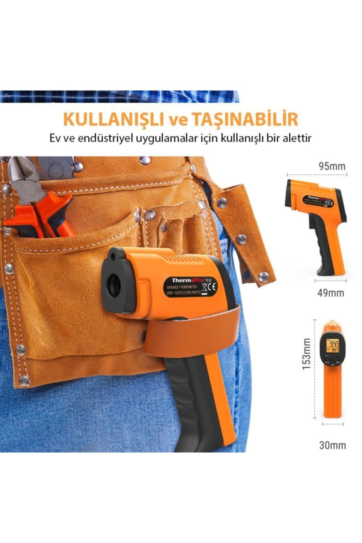 Tp30 Lazer Odaklı Kızılötesi -50/+550°c Endüstriyel Katı-sıvı Sıcaklık Ölçme Termometresi