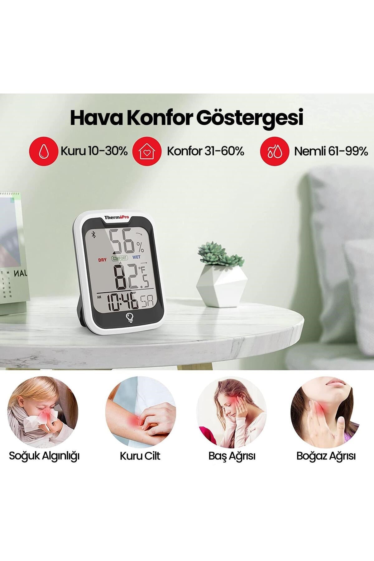 TP358 Telefon Kontrollü, Saatli, Takvimli, İç Mekan Sıcaklık ve Nem Ölçer Termometre 2 Ade