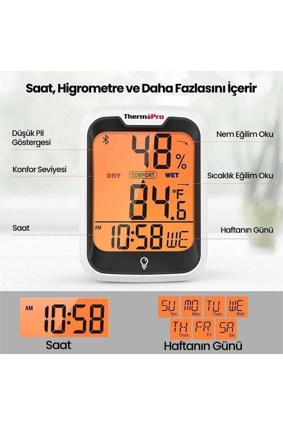 Tp358 Telefon Kontrollü, Saatli, Takvimli, Iç Mekan Sıcaklık Ve Nem Ölçer Termometre