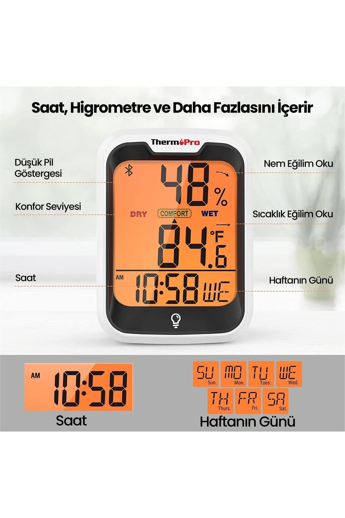 TP358 Telefon Kontrollü, Saatli, Takvimli, İç Mekan Sıcaklık ve Nem Ölçer Termometre 2 Ade
