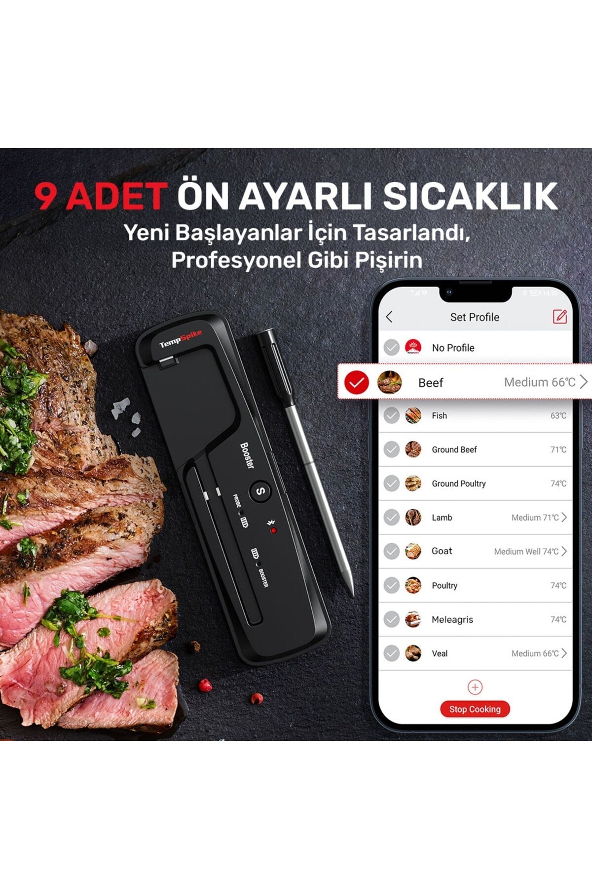 TP961 Şarjlı 150m Kablosuz Alarmlı 1Problu Telefon Kontrollü Profesyonel Gıda Termometresi
