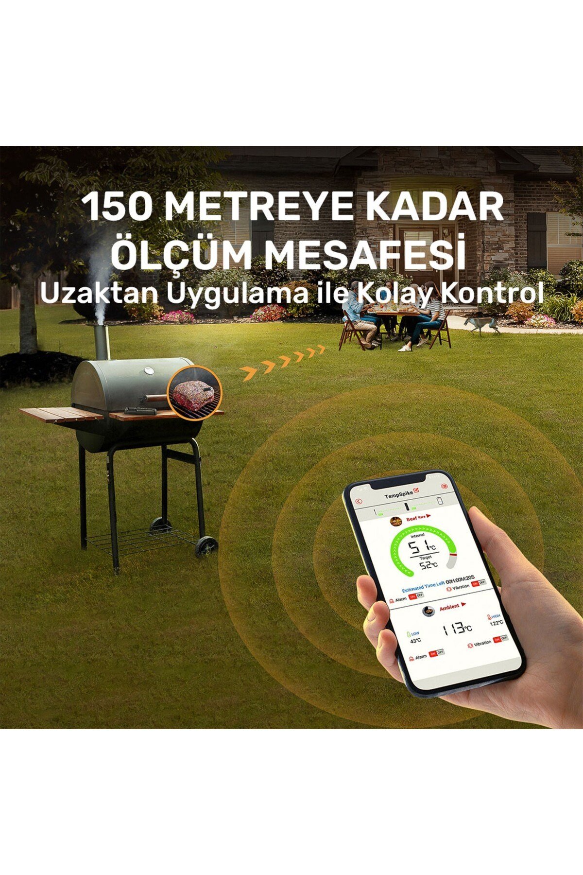 TP961 Şarjlı 150m Kablosuz Alarmlı 1Problu Telefon Kontrollü Profesyonel Gıda Termometresi
