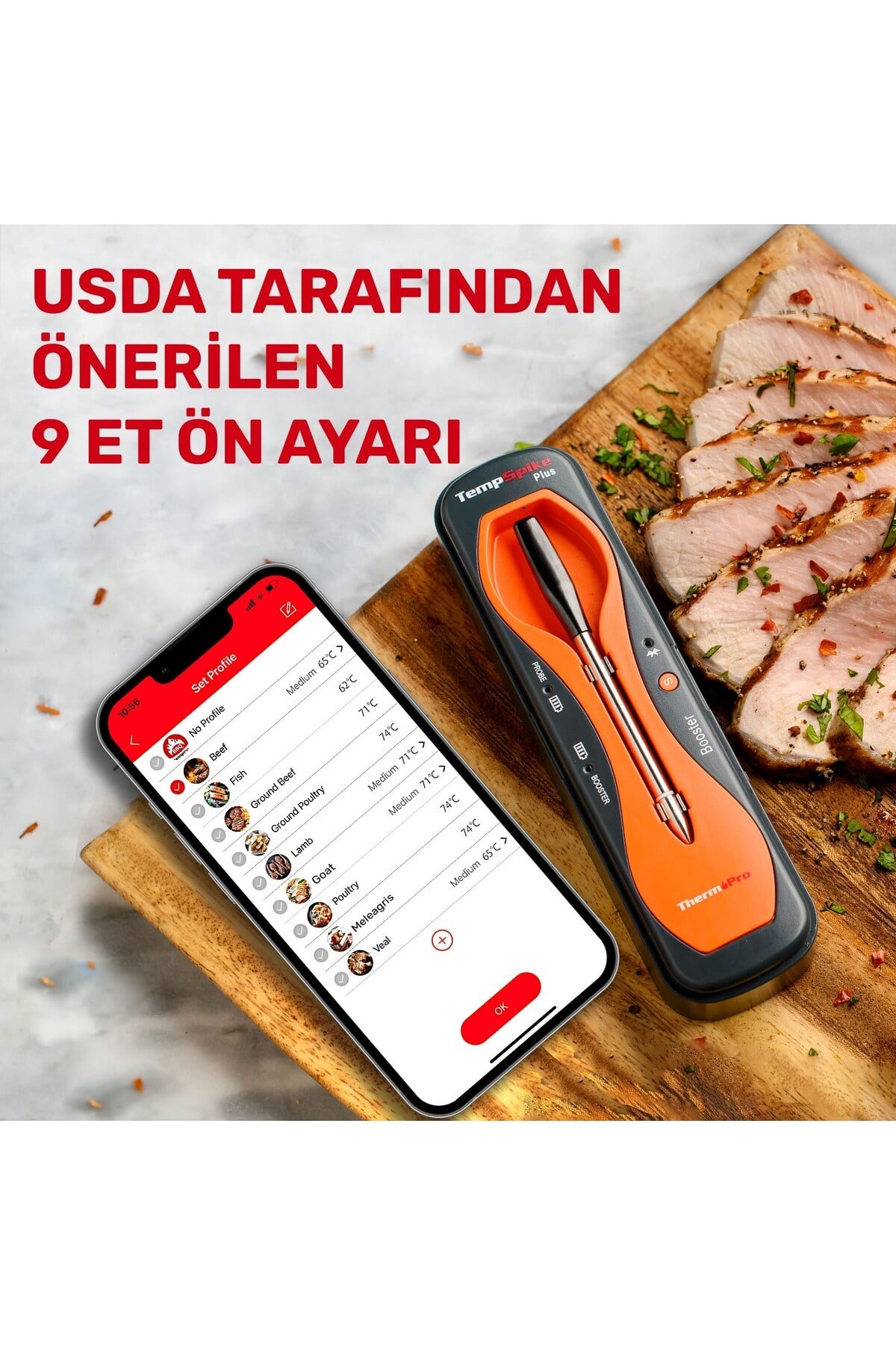 TP970 Şarjlı 182m Kablosuz Alarmlı 1Problu Telefon Kontrollü Profesyonel Gıda Termometresi