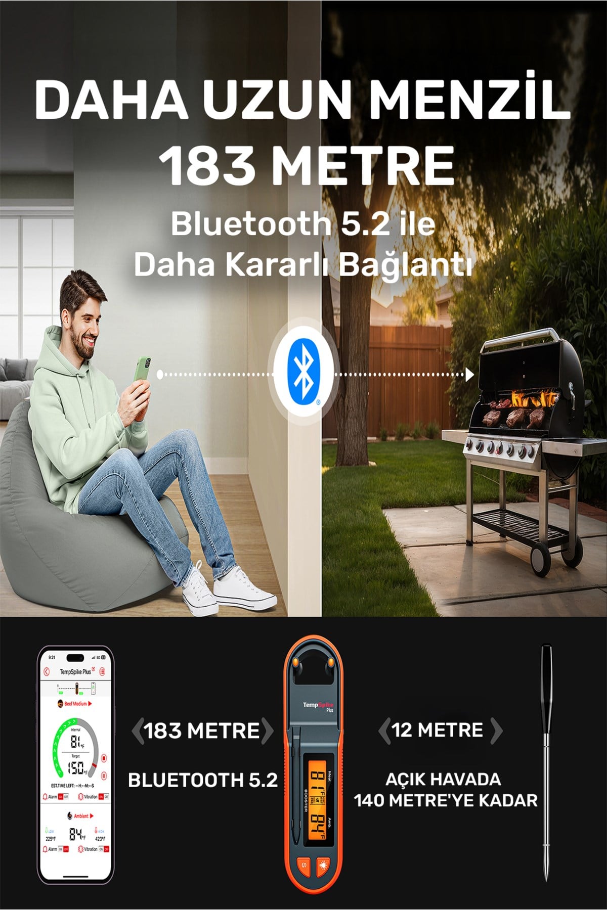 TP971 Şarjlı 183m Kablosuz Alarmlı 1Problu Telefon Kontrollü Profesyonel Gıda Termometresi